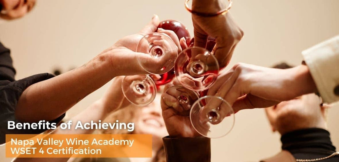 people holding wine glasses in celebration of achieving napa valley wine academy wset 4 certification