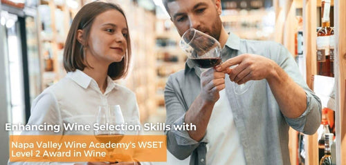 Napa Valley Wine Academy enhancing wine skills a man and woman examining wine glasses, the man smells a glass of wine, both engaging in a wine-tasting experience.