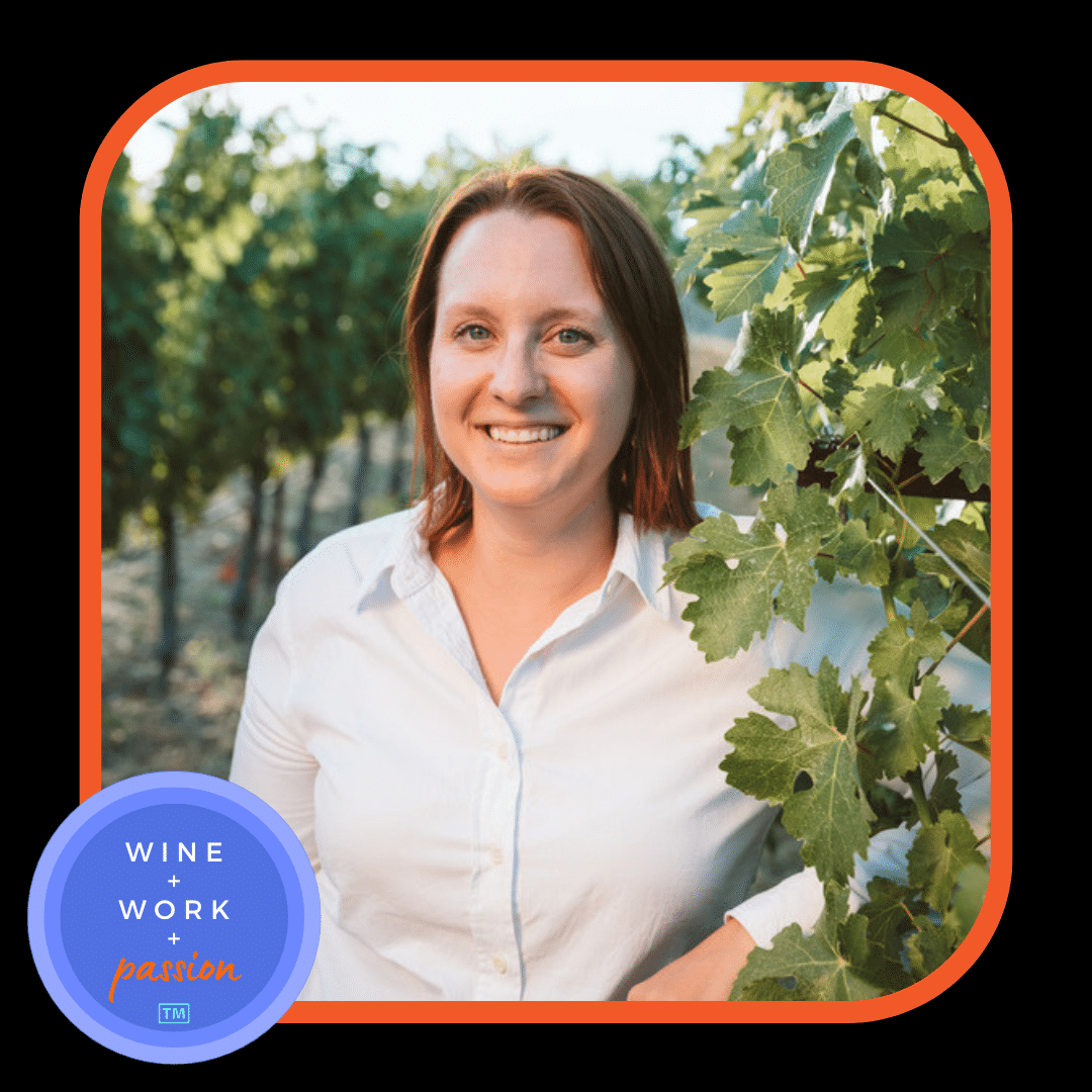 Napa Valley Wine Academy Wine Articles and Podcasts a woman smiling at the camera with a close-up of her face. A blue circle with white text is visible in the background.