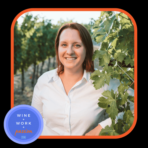 Napa Valley Wine Academy Wine Articles and Podcasts a woman smiling at the camera with a close-up of her face. A blue circle with white text is visible in the background.