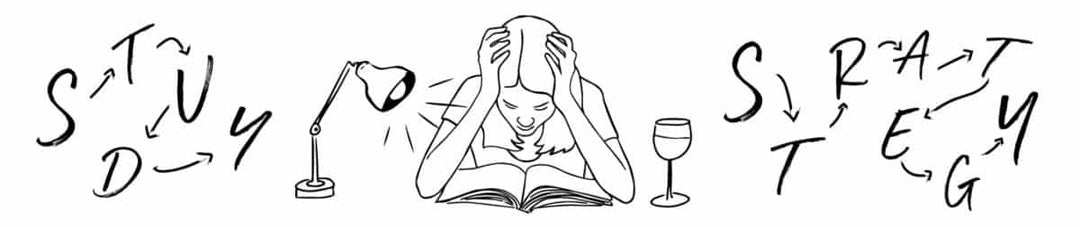 A line art sketch of a woman holding her head while reading a book.