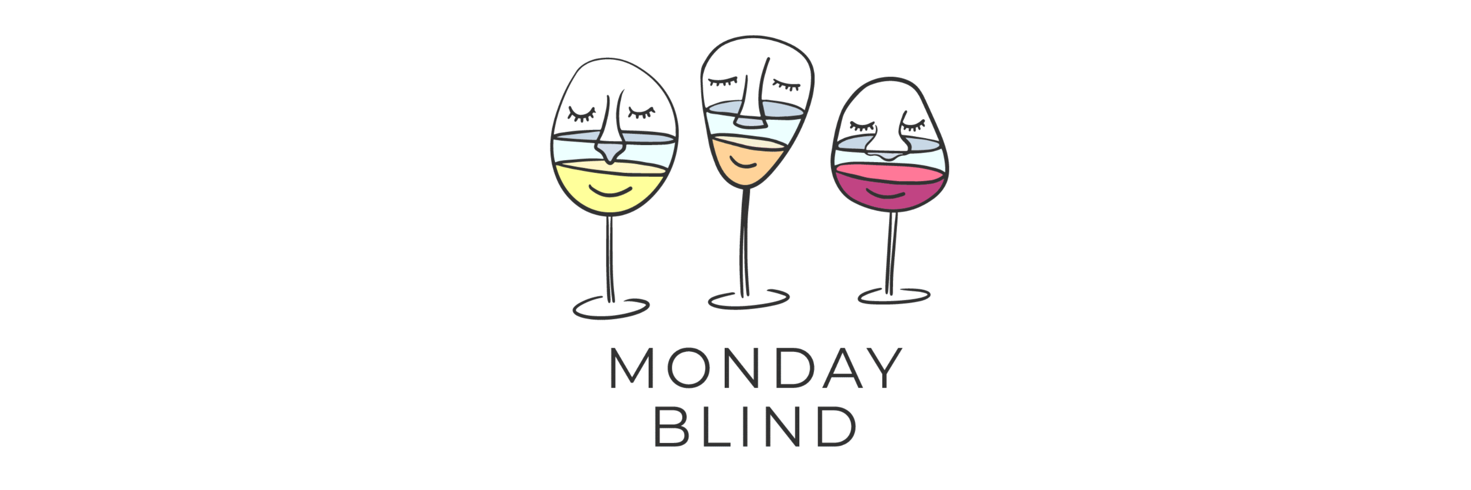 Monday Blind wine tasting at Napa Valley Wine Academy. Cartoon wine glasses with various colored faces, featuring line art and sketch style, grouped together on a plain background.