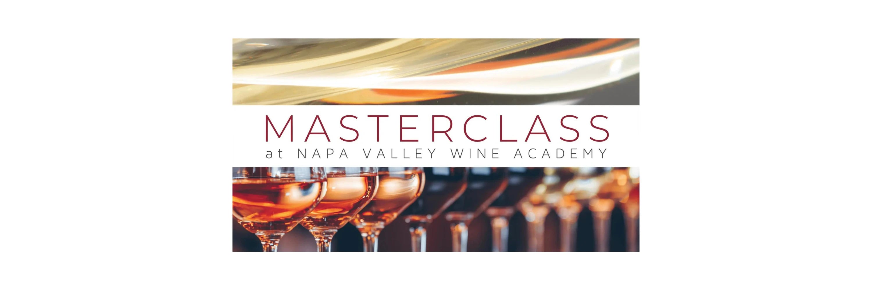 Masterclass Logo at Napa Valley Wine Academy - A close-up of several wine glasses arranged in a row, with a partial logo and red letter 'e' on a white background visible.