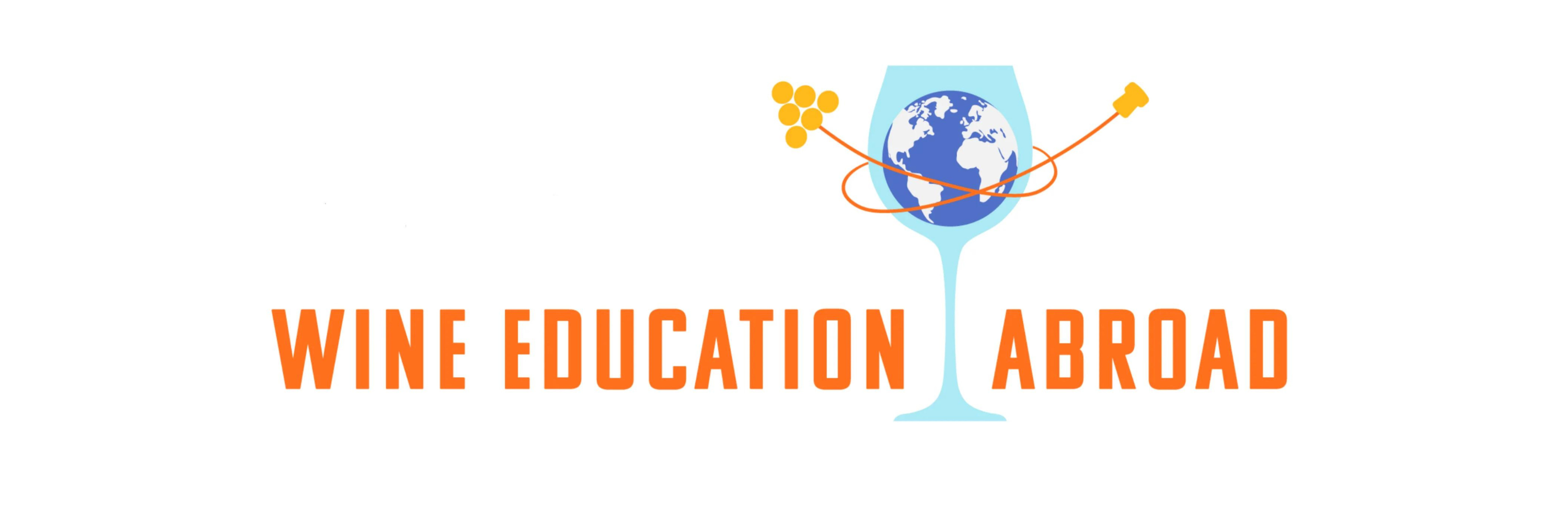 Wine Trips and Wine Education abroad with Napa Valley Wine Academy.  Wine glass and a globe with orange text and wires, accompanied by yellow circles and dots on a graphic design background.