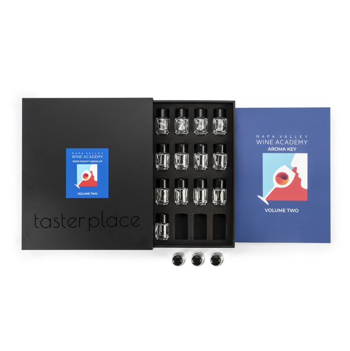 Taste Coach 48 Aroma Kit featuring small bottles in a box, each labeled and numbered, designed to enhance wine-tasting skills through diverse aromas.