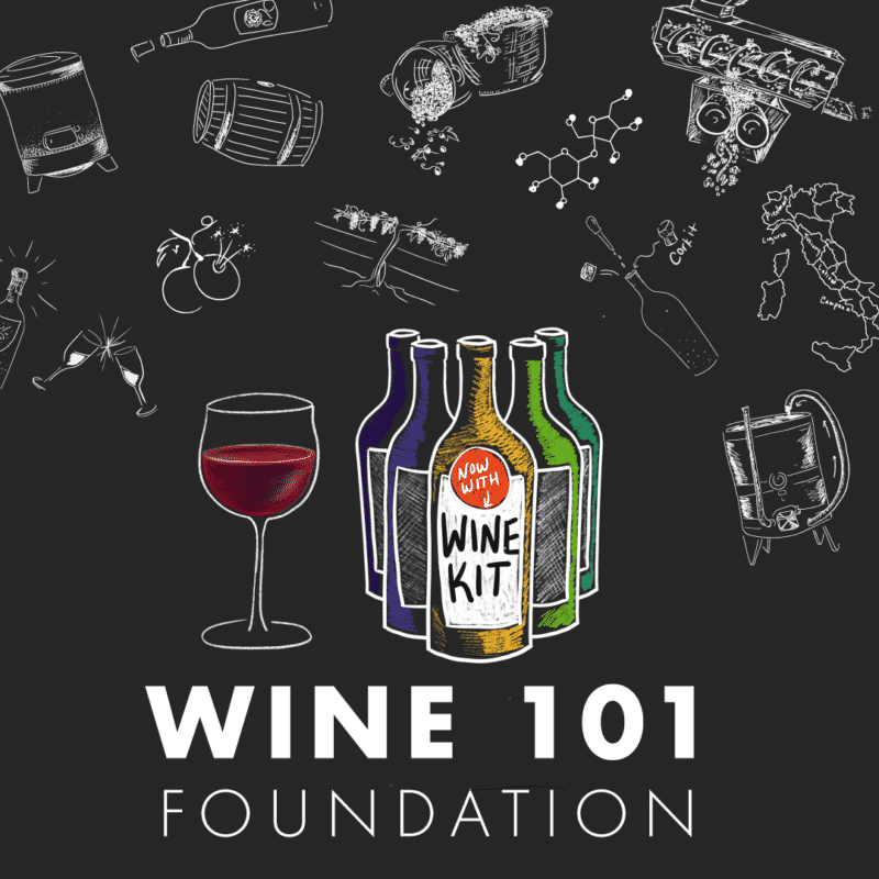 Chalkboard featuring bottles and a glass of wine, highlighting the Wine 101 – Foundation Online Course™, an online self-paced wine education program.