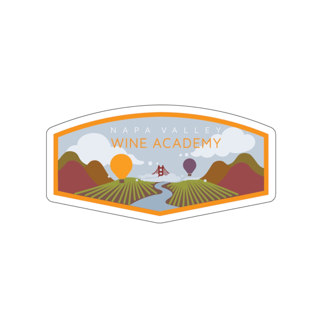 Napa Valley Wine Academy Landscape Sticker featuring vineyards, rolling hills, hot air balloons, and the Golden Gate Bridge, capturing Napa Valley's scenic beauty.