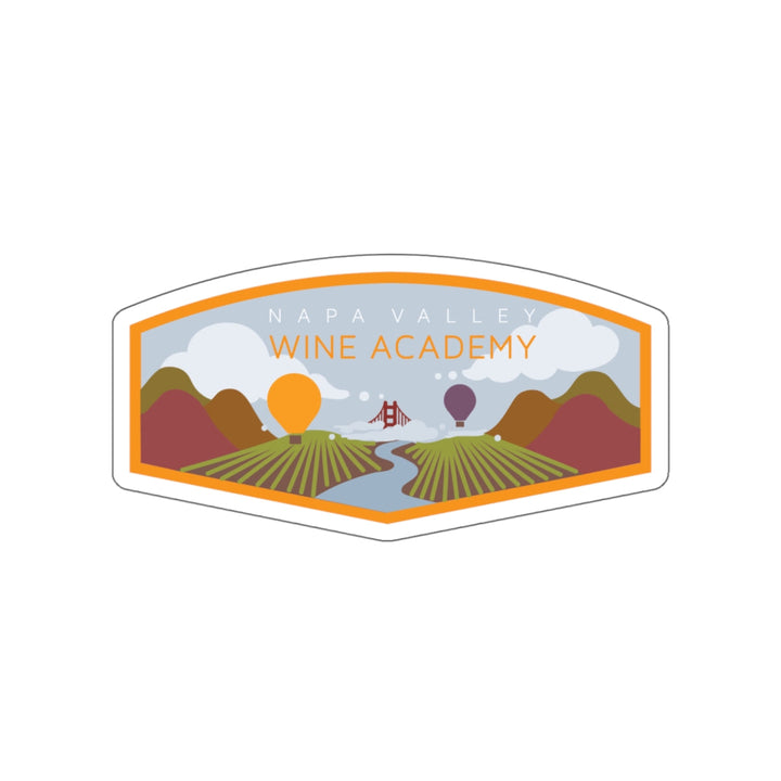 Napa Valley Wine Academy Landscape Sticker featuring vineyards, rolling hills, hot air balloons, and the Golden Gate Bridge, capturing Napa Valley's scenic beauty.