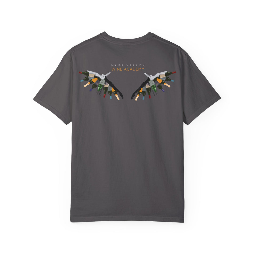 NVWA T-shirt “Sip Happens, Keep Tasting” featuring a design with wings and wine bottles, ideal for wine enthusiasts with a relaxed fit.