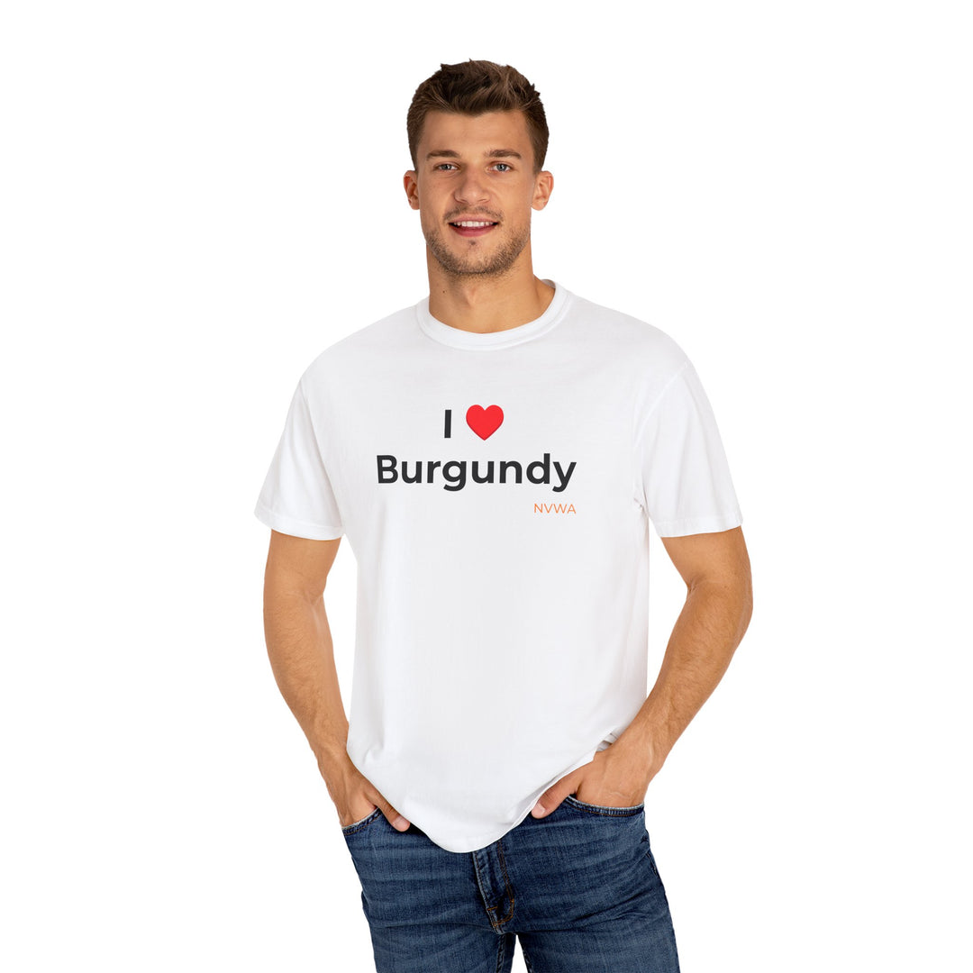 NVWA T-shirt “I ❤️ Burgundy” worn by a man, featuring a wine geek saying, showcasing casual style with a relaxed fit and crew neckline.