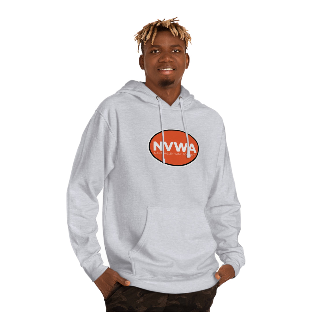 NVWA Emblem Unisex Hooded Sweatshirt worn by a blonde man; features logo on front, adjustable hood, and ribbed cuffs for casual, versatile style.