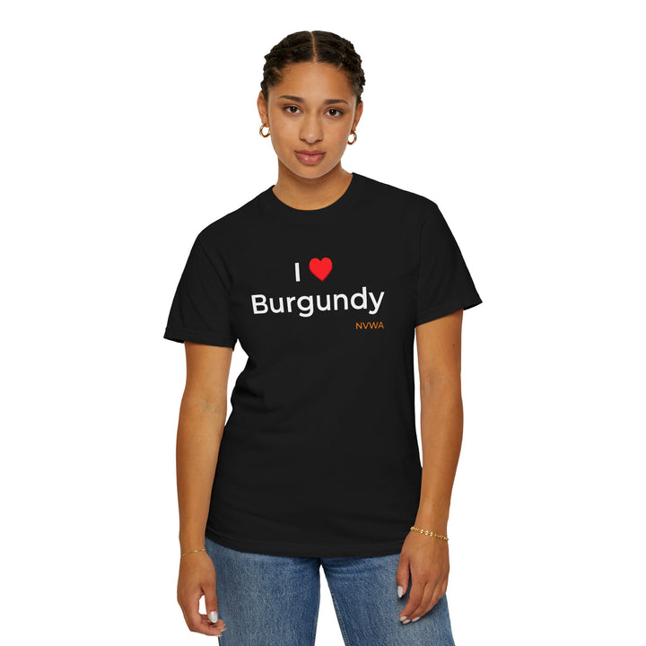 NVWA T-shirt “I ❤️ Burgundy” worn by a woman, showcasing its relaxed fit and crew neckline, perfect for wine enthusiasts.