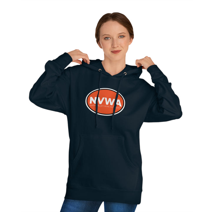 NVWA Emblem Unisex Hooded Sweatshirt worn by a woman, highlighting the front logo and adjustable hood, ideal for casual and versatile wear.