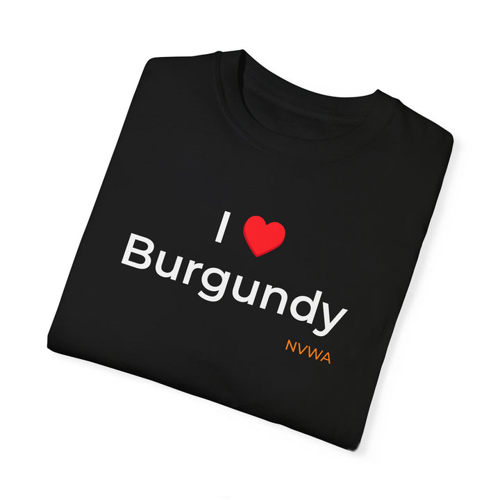 NVWA T-shirt “I ❤️ Burgundy” featuring white text and a red heart on a black background, perfect for wine enthusiasts, available in various sizes.