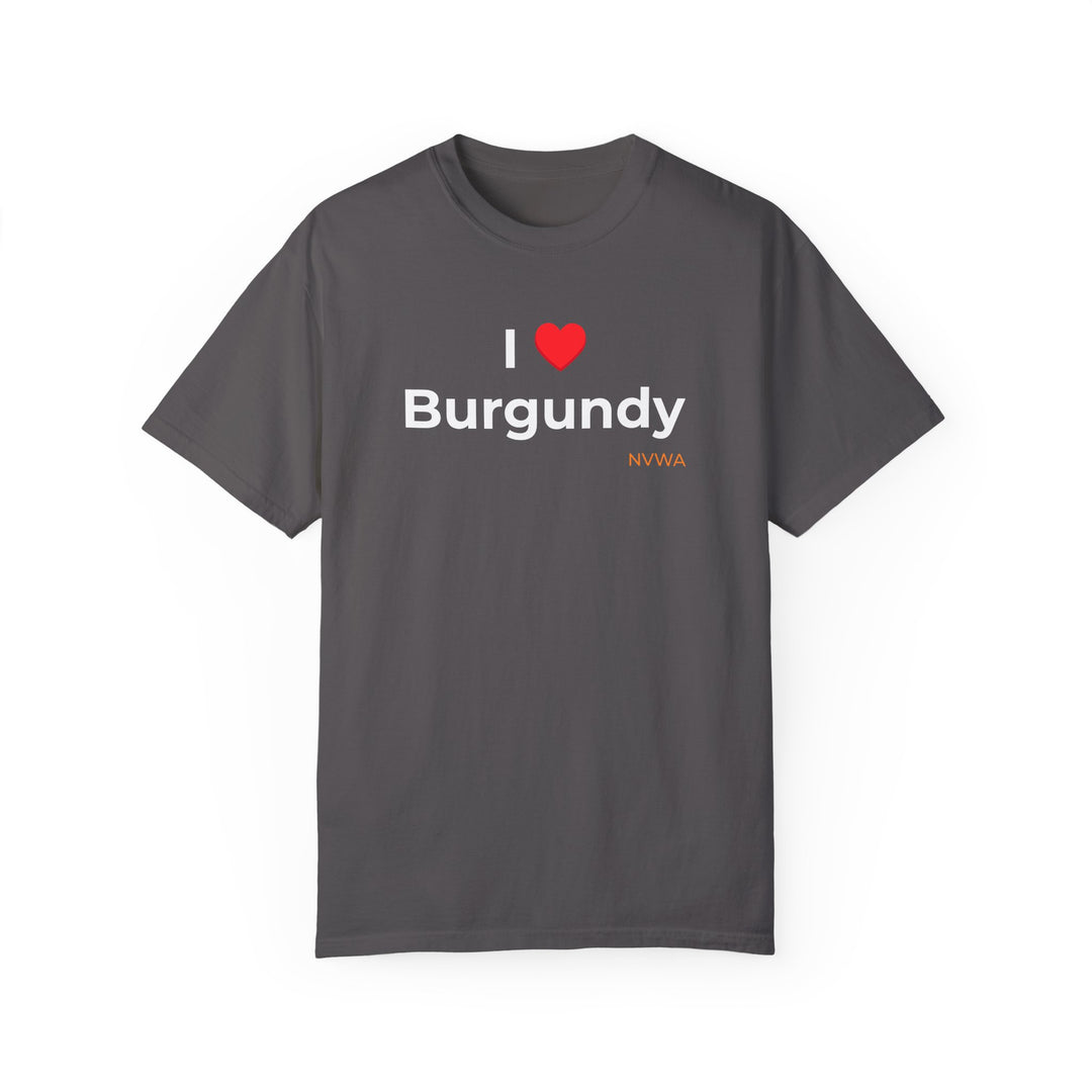 NVWA T-shirt “I ❤️ Burgundy” featuring a red heart and white text on grey, ideal for wine lovers, available in multiple sizes for casual occasions.