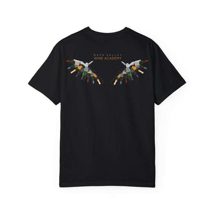 NVWA T-shirt “Acidity is my Personality Trait” features wings and wine bottles graphic, ideal for wine enthusiasts, offering a relaxed fit and durable design.