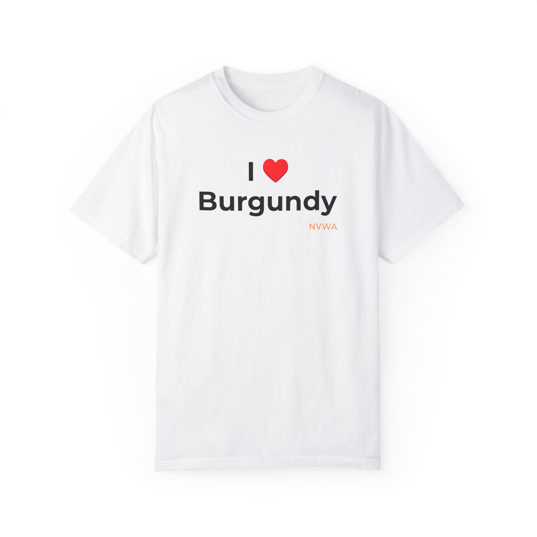 NVWA T-shirt “I ❤️ Burgundy” featuring a red heart and black text on a white background, perfect for wine enthusiasts with a relaxed fit.