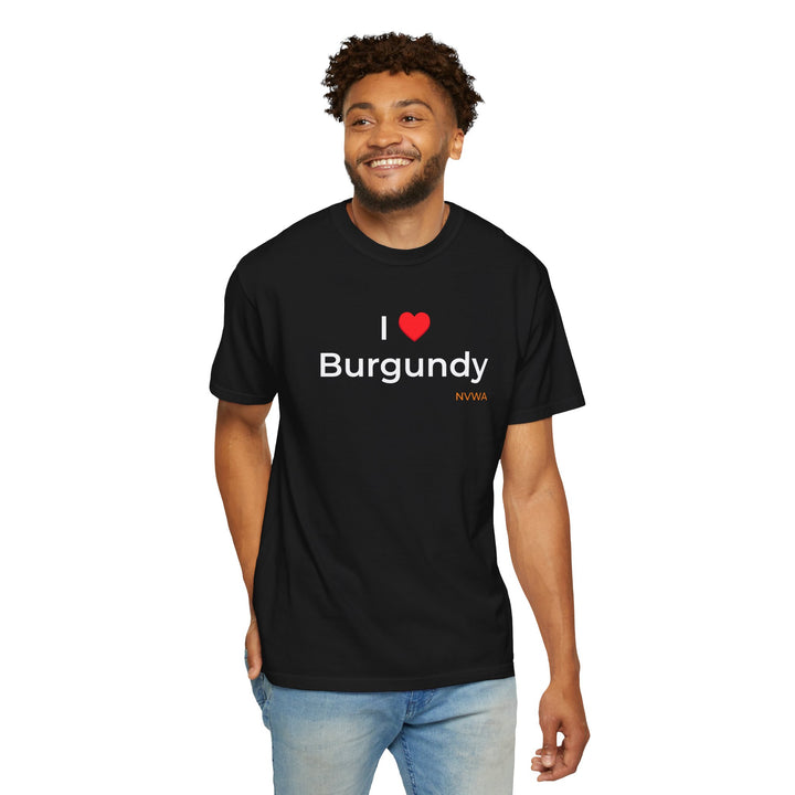 NVWA T-shirt “I ❤️ Burgundy” featuring a smiling man in a black shirt, highlighting the casual, comfortable fit and design ideal for wine enthusiasts.