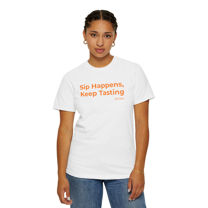 Woman in NVWA Sip Happens, Keep Tasting T-shirt, showcasing relaxed fit and crew neckline, perfect for wine enthusiasts.