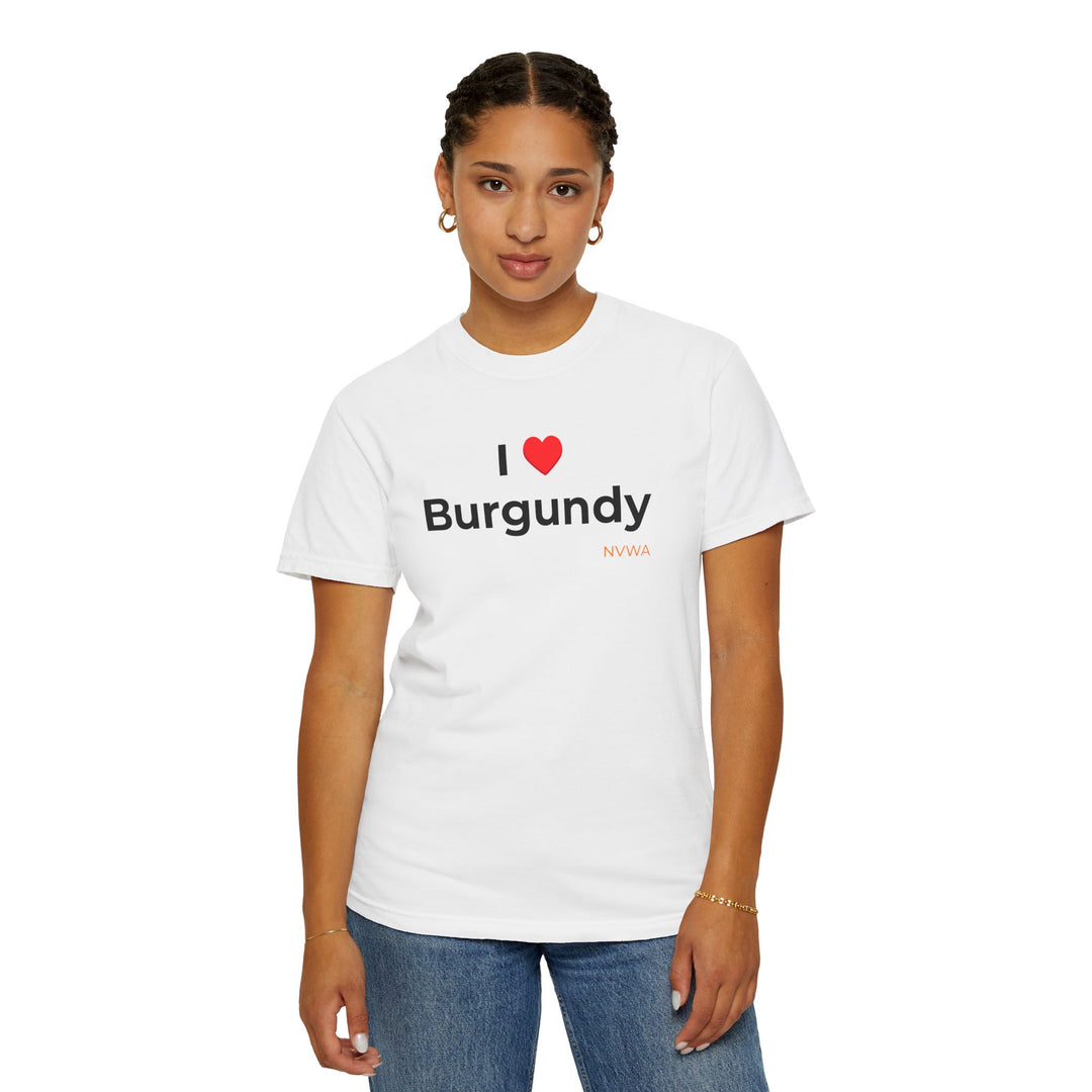 Woman wearing NVWA T-shirt “I ❤️ Burgundy” with casual fit, showcasing a fun wine-themed graphic. Ideal for wine enthusiasts, made of soft, durable cotton.