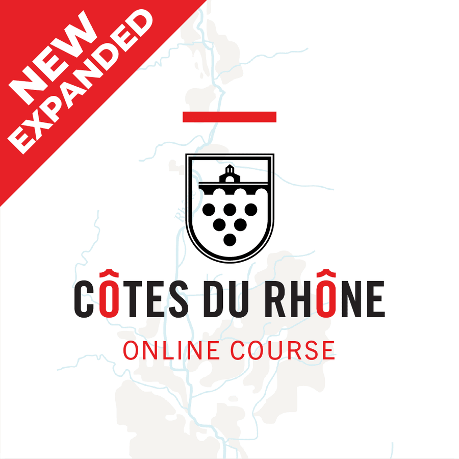 CÔTES DU RHÔNE – ONLINE course logo featuring red and black text, interactive maps, and a professional association emblem, highlighting wine education from the southern Rhône Valley.