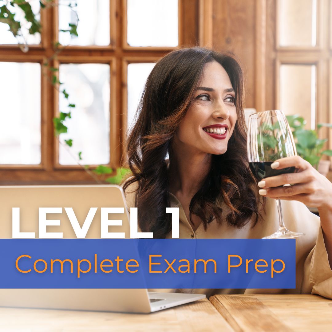 A woman holding a glass of wine, illustrating the WSET Level 1 Wine – Complete Exam Prep Package for wine exam preparation.