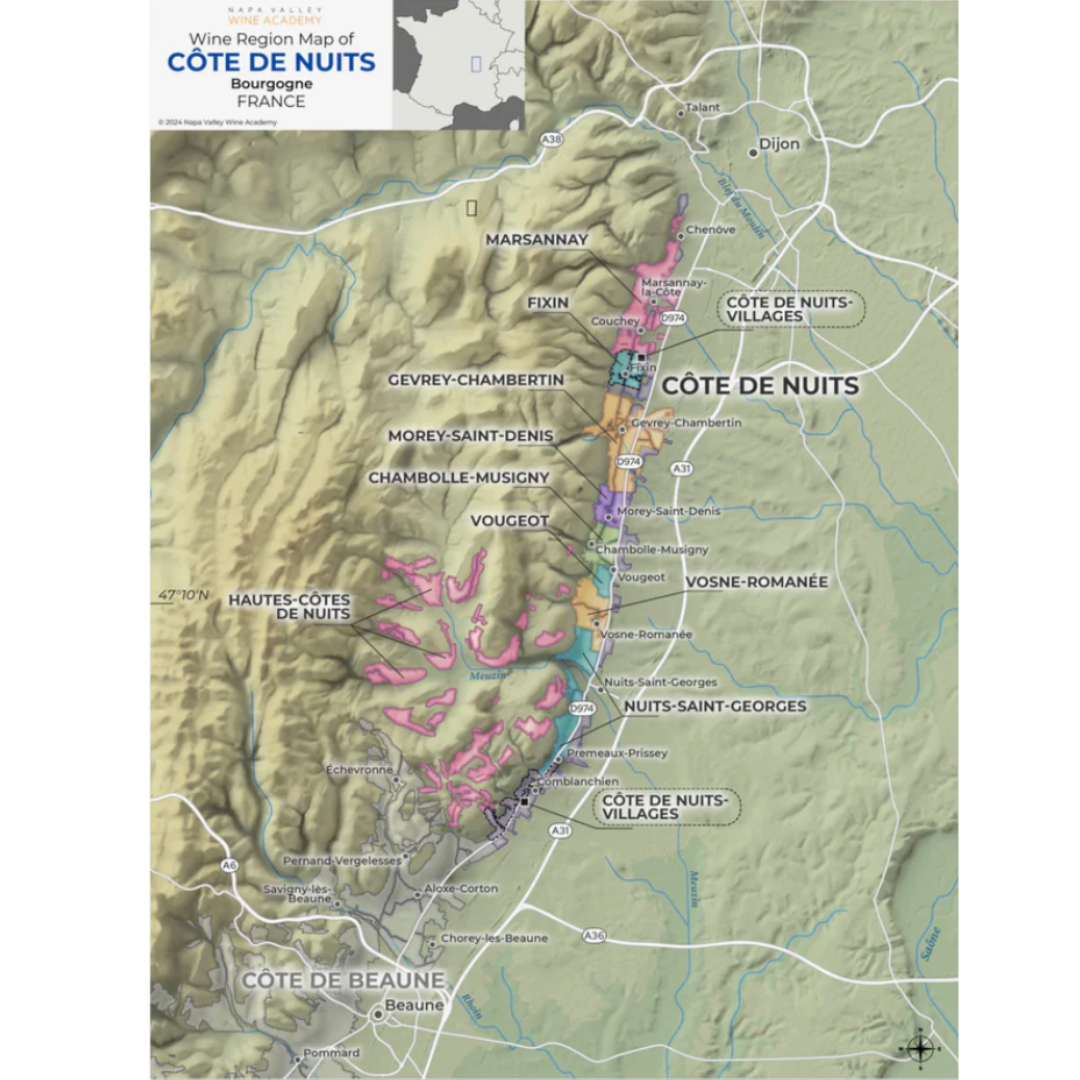 NVWA Burgundy Côte de Nuits Rolled Map featuring detailed topography and vineyard locations, ideal for wine study and educational purposes.