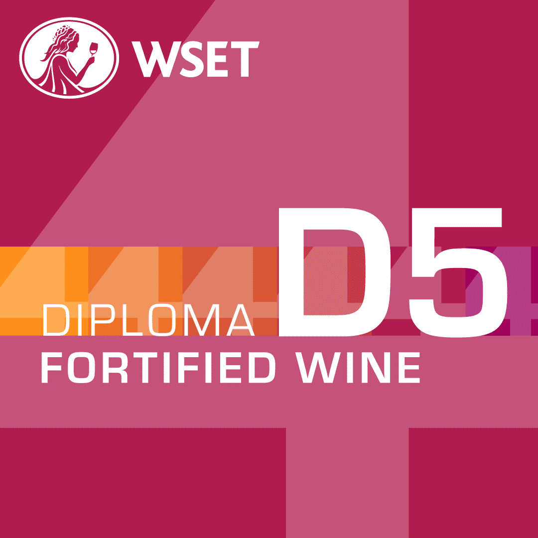 WSET Level 4 Diploma | D5 Fortified Wine course logo featuring a woman holding a glass, set against a rectangular background with white text.