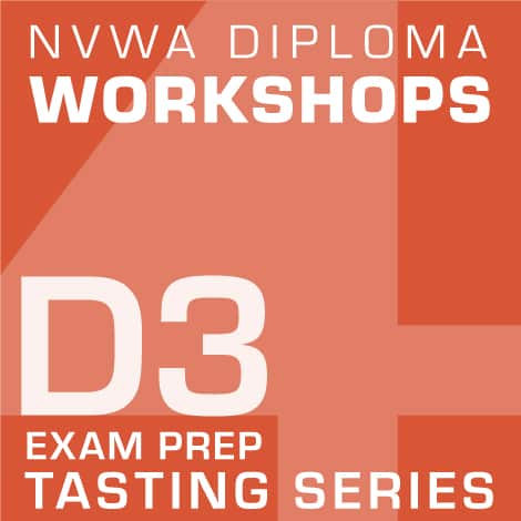 Close-up of a logo featuring white text on a red background for the D3 Tasting Workshop Session 1 - Grape Variety.