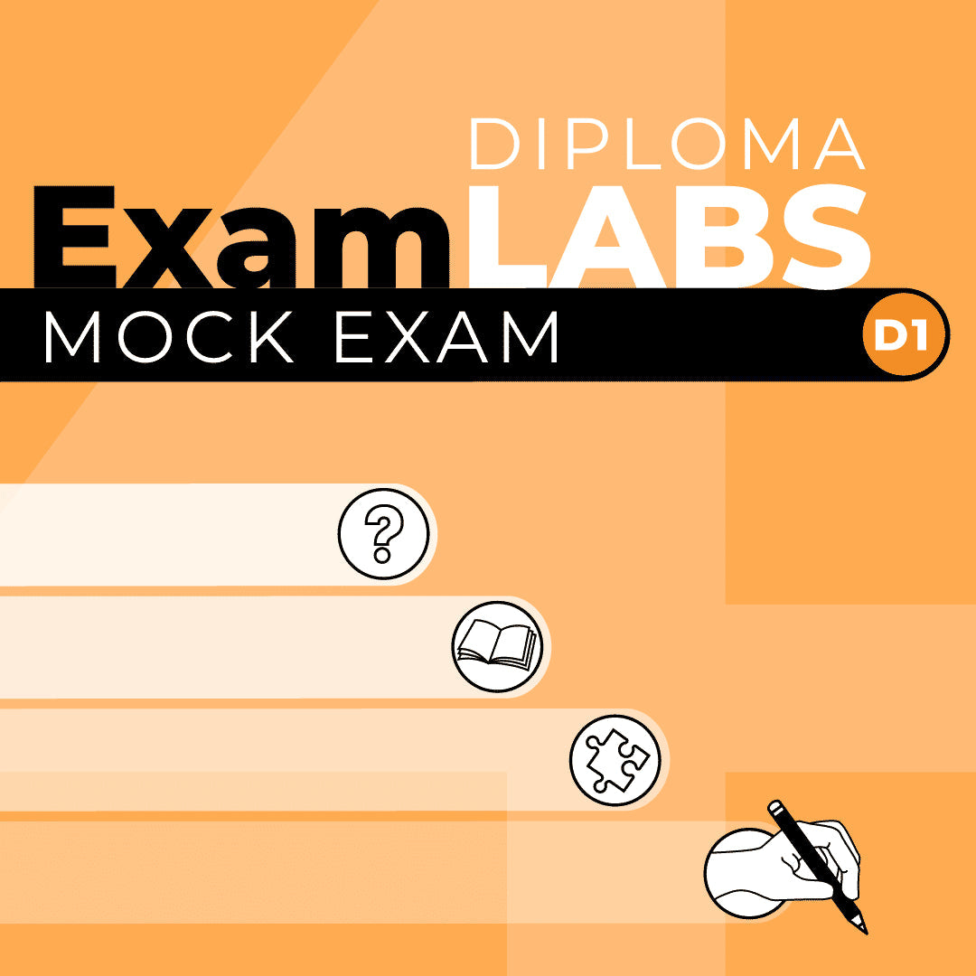 Exam LABS: D1 - Wine Production Mock Exam cover, featuring a hand holding a pen and various related icons to help prepare for WSET Level 4 Diploma.