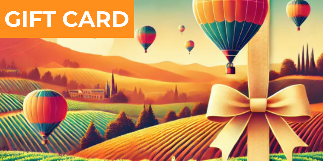 Napa Valley Wine Academy Gift Card featuring hot air balloons floating over a scenic landscape, symbolizing a journey into wine, spirits, and beer education.