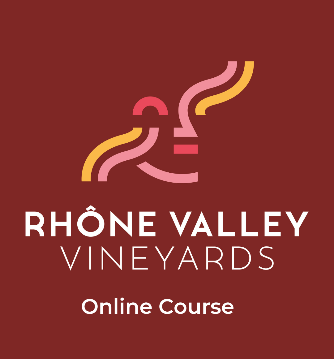 Logo for RHÔNE VALLEY VINEYARDS – ONLINE, featuring stylized text and graphics, promoting a comprehensive wine course series exploring the history and diversity of Rhône wines.