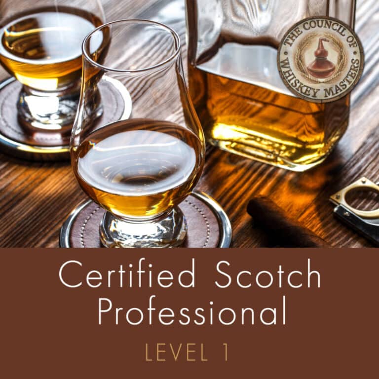 Certified Scotch Professional™️ program bottle of whiskey with two glasses, representing the initial certification level in the Master of Whiskey program.