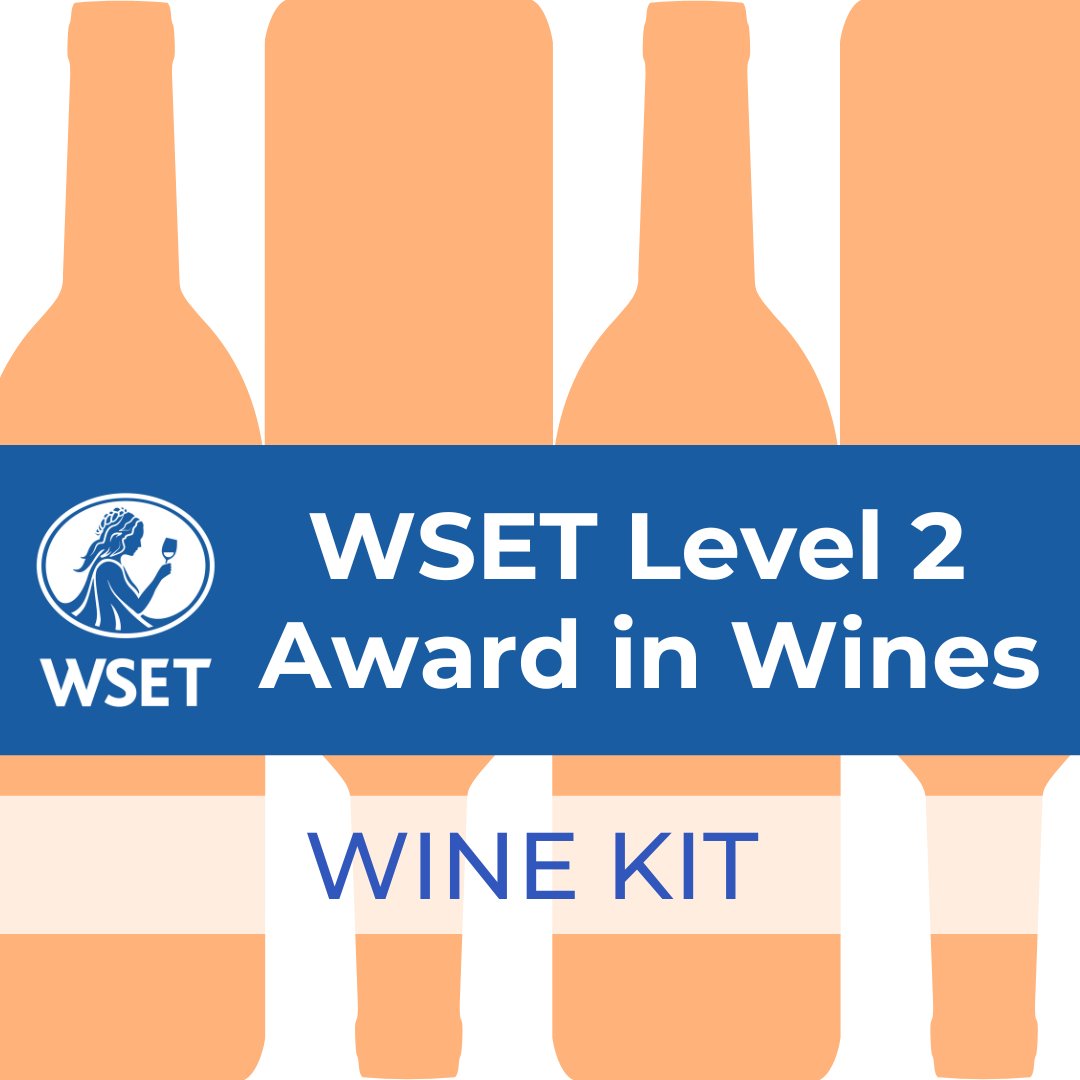 Group of wine bottles with WSET Level 2 Award in Wines Online - Wine Kit displayed, alongside a woman holding a wine glass and a blue sign with white text.