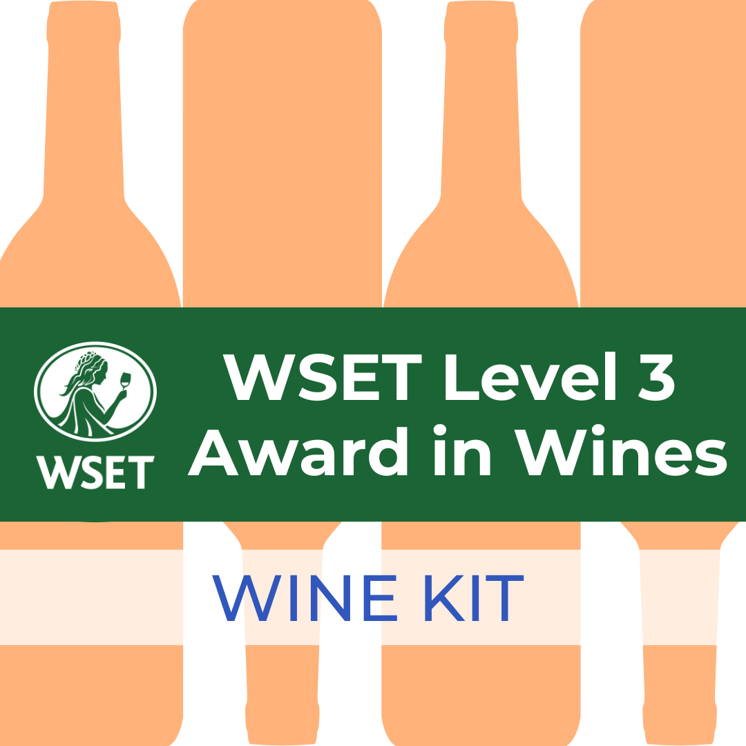 Group of wine bottles with green labels for WSET Level 3 Award in Wines Online - Wine Kit, featuring a logo of a woman holding a glass.