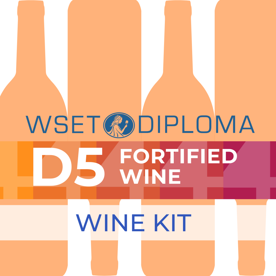 Group of wine bottles from the WSET Level 4 Diploma - D5 Fortified Wines - Wine Kit, with a woman holding a glass of wine.