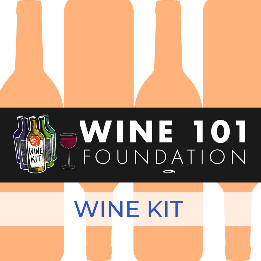 Wine 101 - Foundation Wine Kit: A collection of wine bottles and a glass, essential for beginners and enthusiasts to enhance their wine knowledge with the online course.