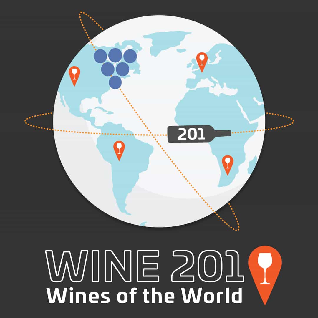 Wine 201 – Wines of the World Online Course™: A globe, wine bottle, and glass symbolize global wine exploration and education.