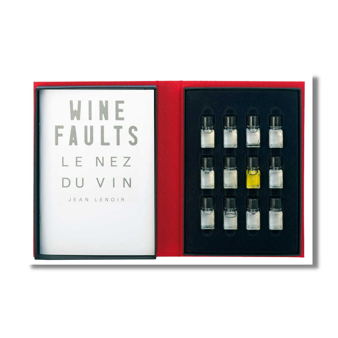 12 Aroma – Wine Faults Kit | Le Nez du Vin, includes a box containing 12 small bottles with black caps, designed to help identify common wine faults.