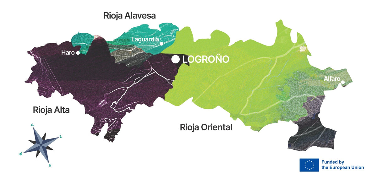 Official DOCa Rioja map showing Rioja Alta, Rioja Alavesa and Rioja Oriental, with Haro, Laguardia, Logroño and Alfaro. Funded by the European Union.