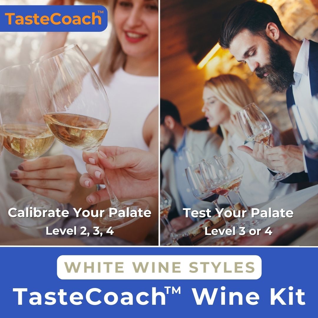 Collage of a man and woman holding wine glasses, illustrating the TasteCoach™ White Wine Kit – White Wine Styles, featuring 6 x 100ml wine bottles for tastings.