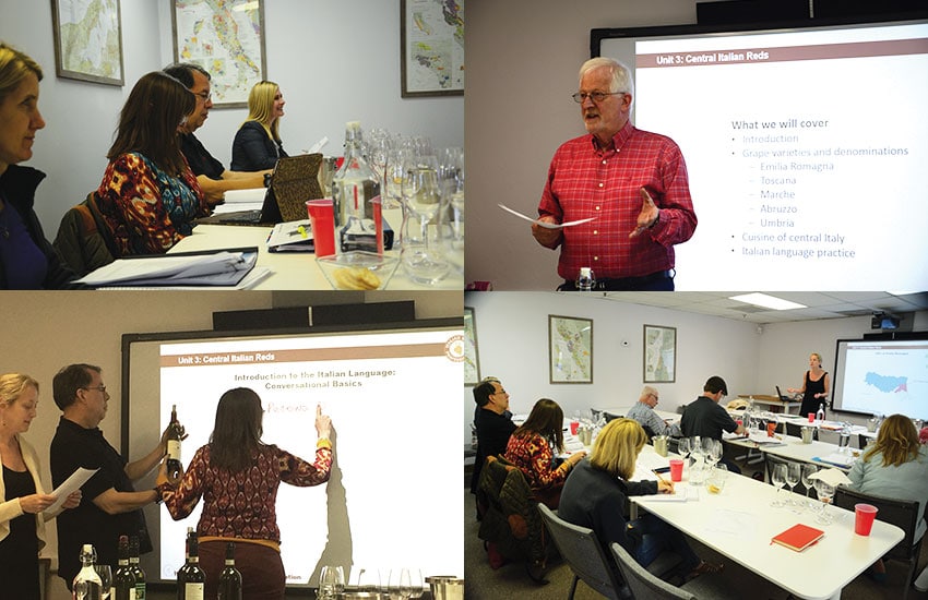 Top left, clockwise: students at our inaugrual IWP course, Jürg Oggenfuss giving lessons on proper pronunciation of those r-rolling Italian words, alternative view of classroom, Catherine Bugue quizzing students on Italian wine labels.