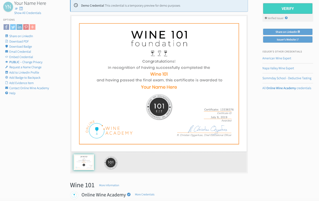Wine 101 digital certificate sample
