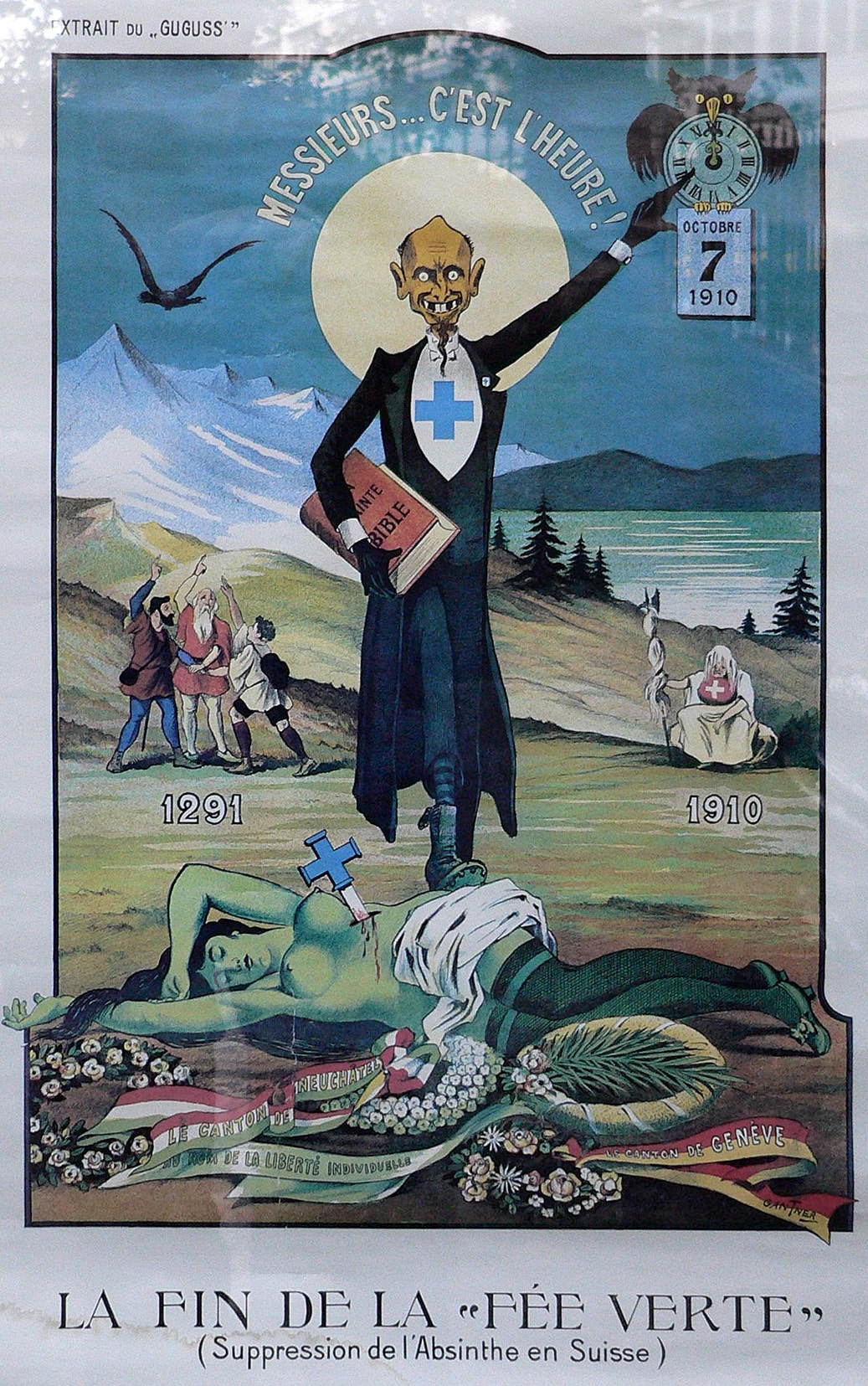 La fin de la fée verte ("The End of the Green Fairy"): Swiss poster criticizing the country's prohibition of absinthe in 1910