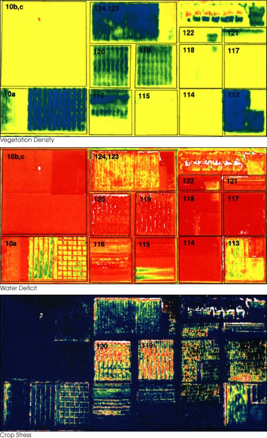 Quantitative data from precision farming technology can be used to create visual maps showing vegetation density, water deficits and crop stress, and more. Public domain photo from NASA.