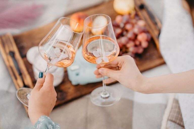 two female hands holding two glasses of wine